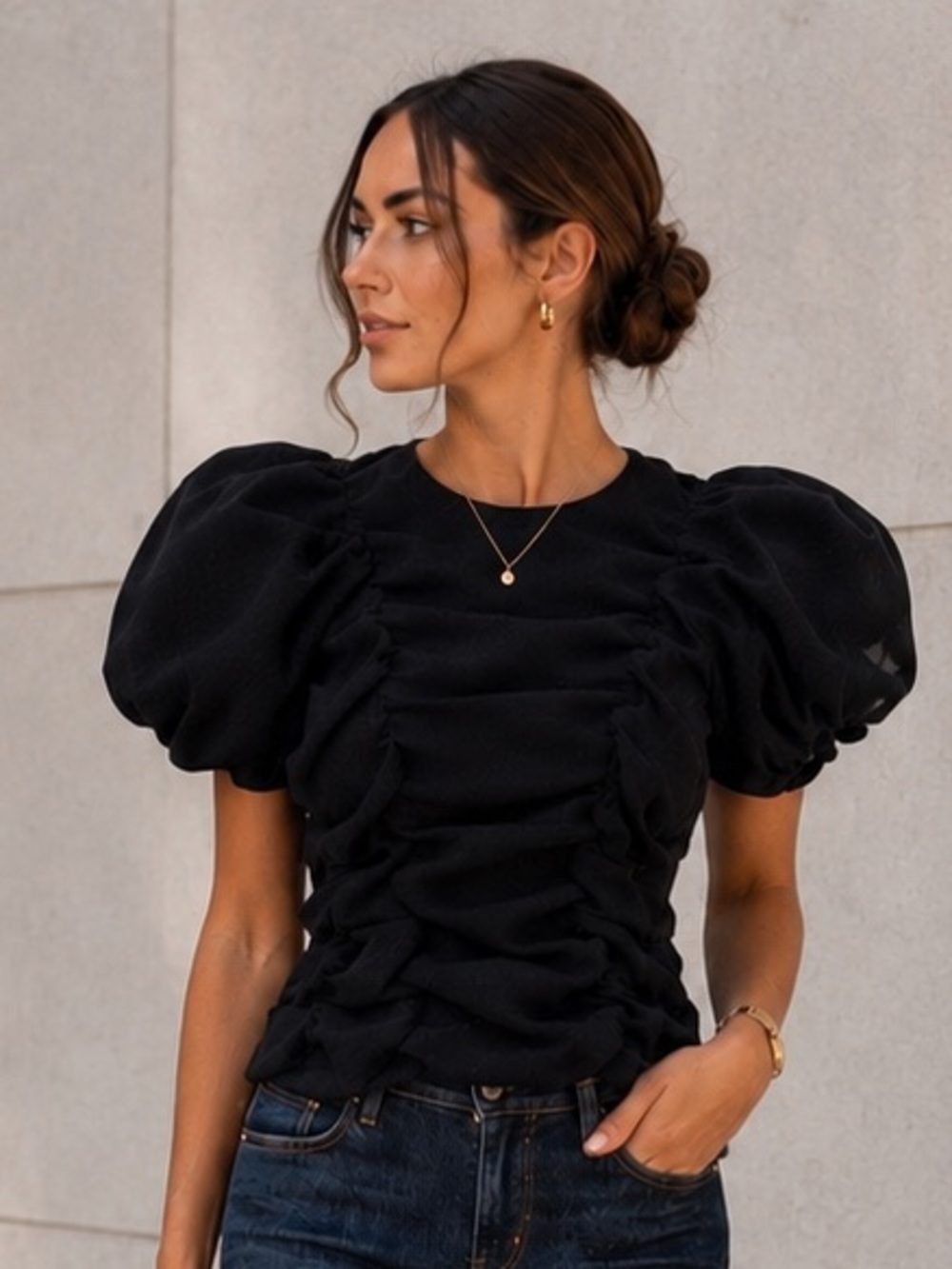 Club Monaco Black Ruched Puff Sleeve Top XS Statement Blouse